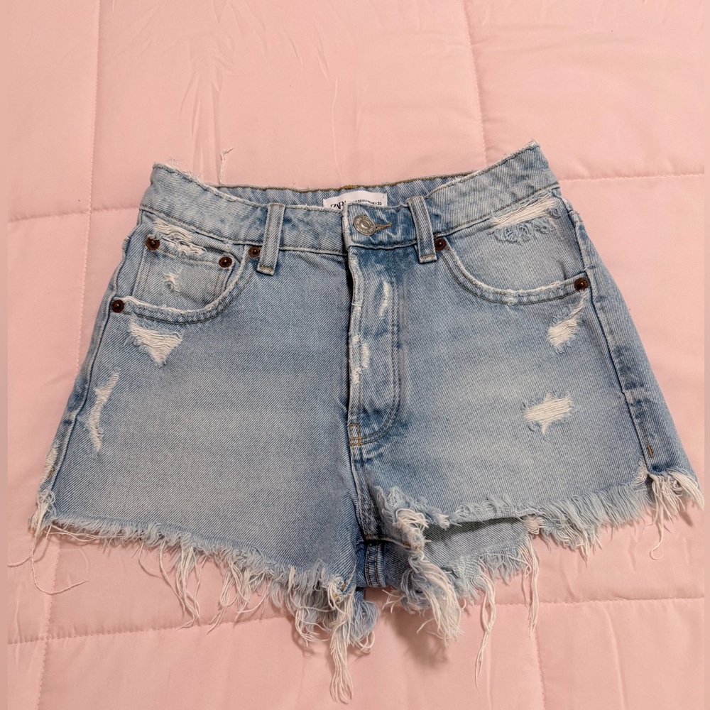 Zara Distressed Light Blue Denim Shorts